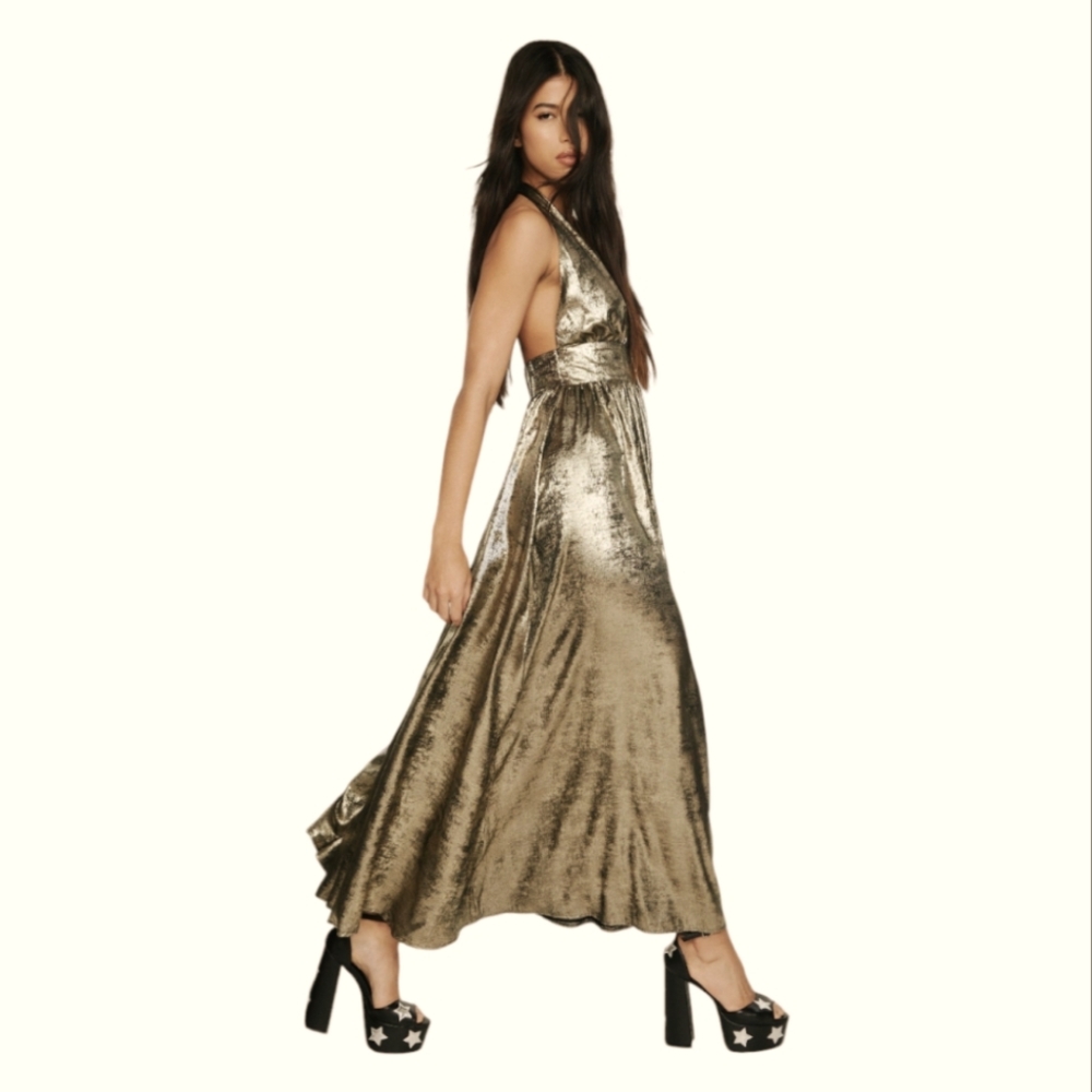 Nasty Gal Metallic Gold Backless Halter Maxi Dress